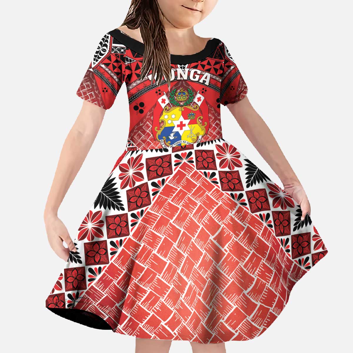Personalised Tonga Constitution Day Family Matching Off The Shoulder Long Sleeve Dress and Hawaiian Shirt 150 Years Jubilee LT05 Daughter's Dress Red - Polynesian Pride