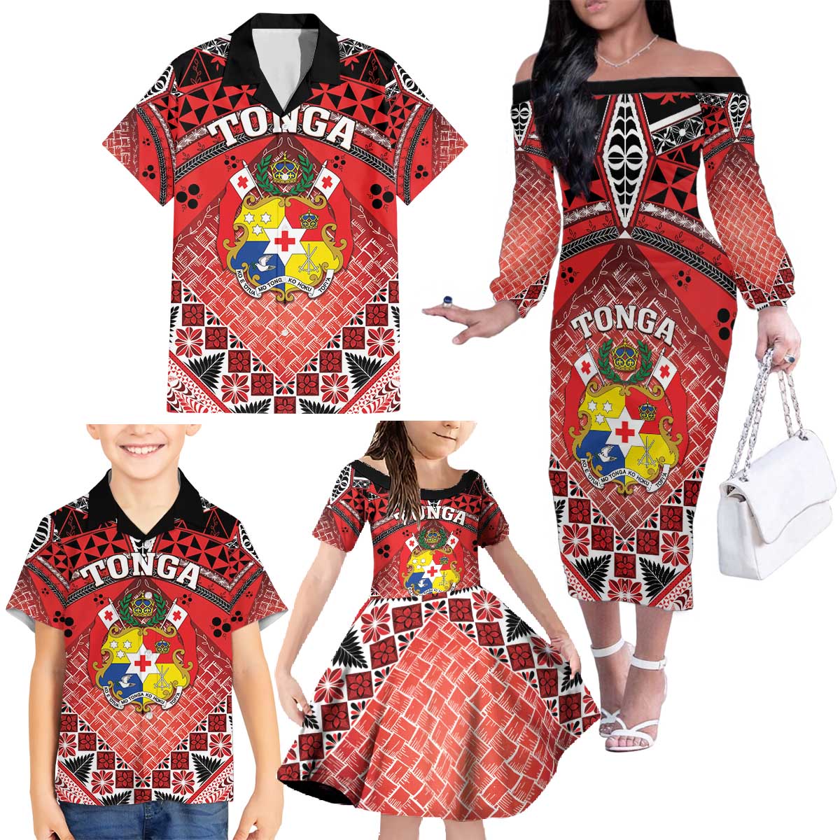 Personalised Tonga Constitution Day Family Matching Off The Shoulder Long Sleeve Dress and Hawaiian Shirt 150 Years Jubilee LT05 - Polynesian Pride
