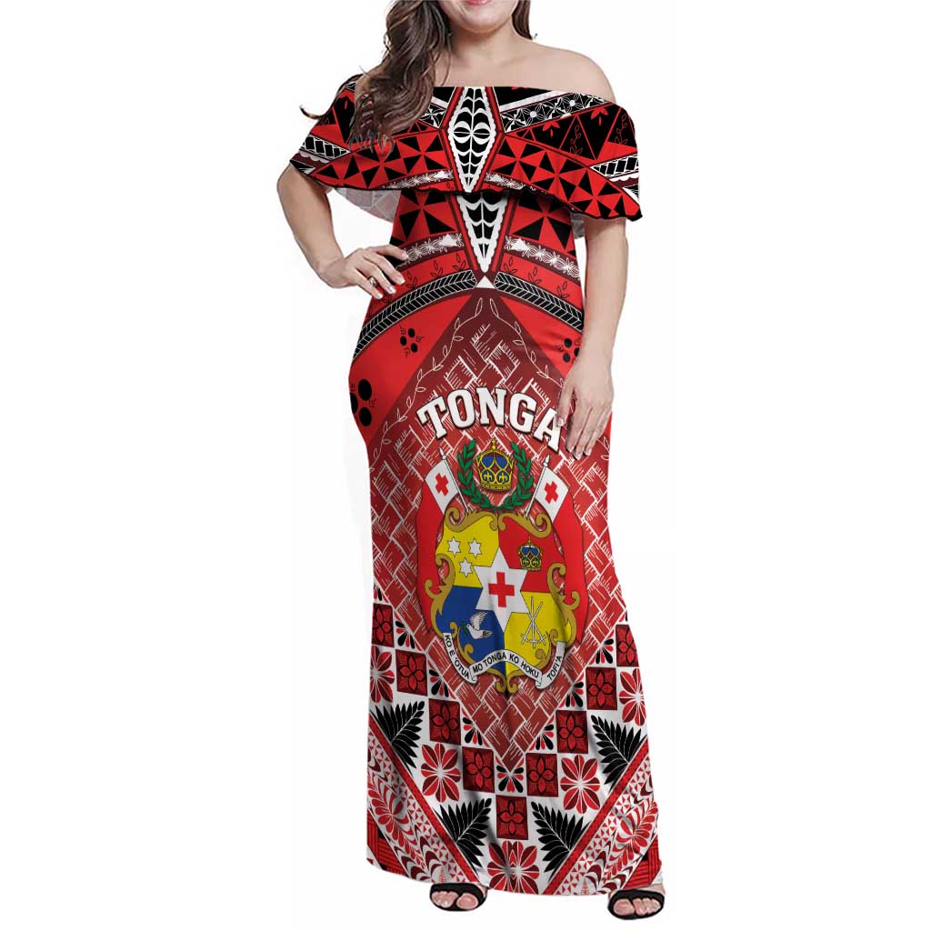 Personalised Tonga Constitution Day Family Matching Off Shoulder Maxi Dress and Hawaiian Shirt 150 Years Jubilee LT05 Mom's Dress Red - Polynesian Pride