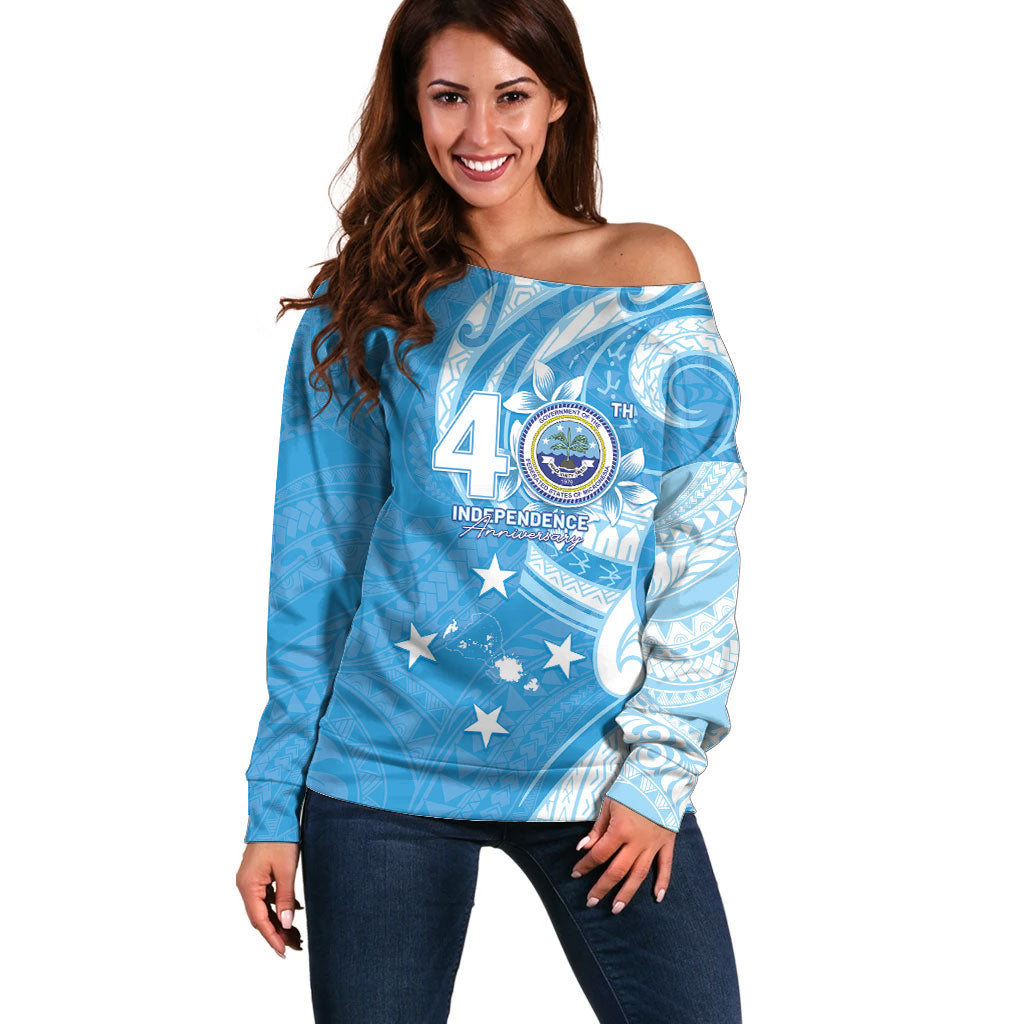 FSM Micronesia Off Shoulder Sweater 40th Independence Anniversary LT05 Women Blue - Polynesian Pride
