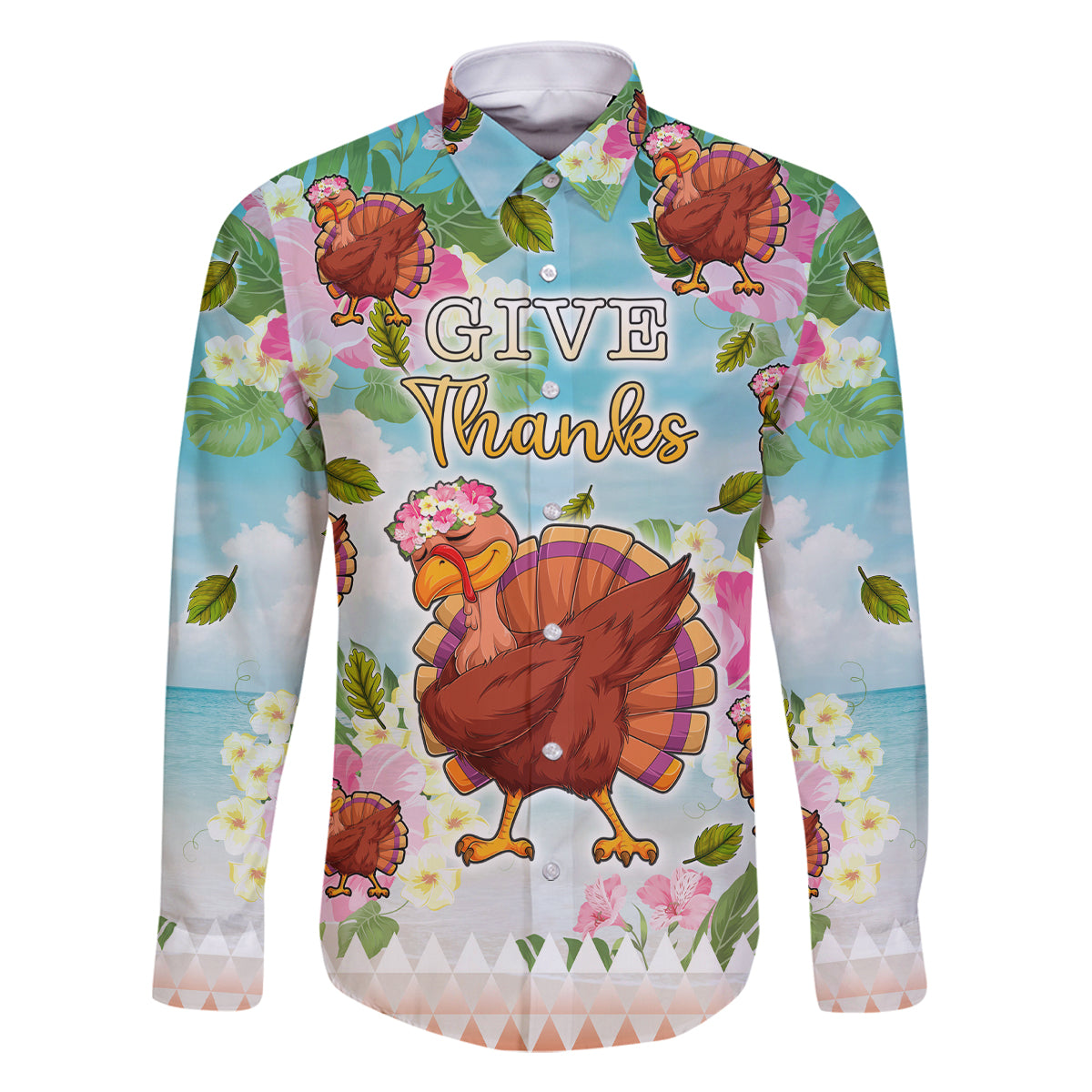 Hawaii Thanksgiving Family Matching Mermaid Dress and Hawaiian Shirt Funny Turkey Dabbing Dance LT05 Dad's Shirt - Long Sleeve Blue - Polynesian Pride