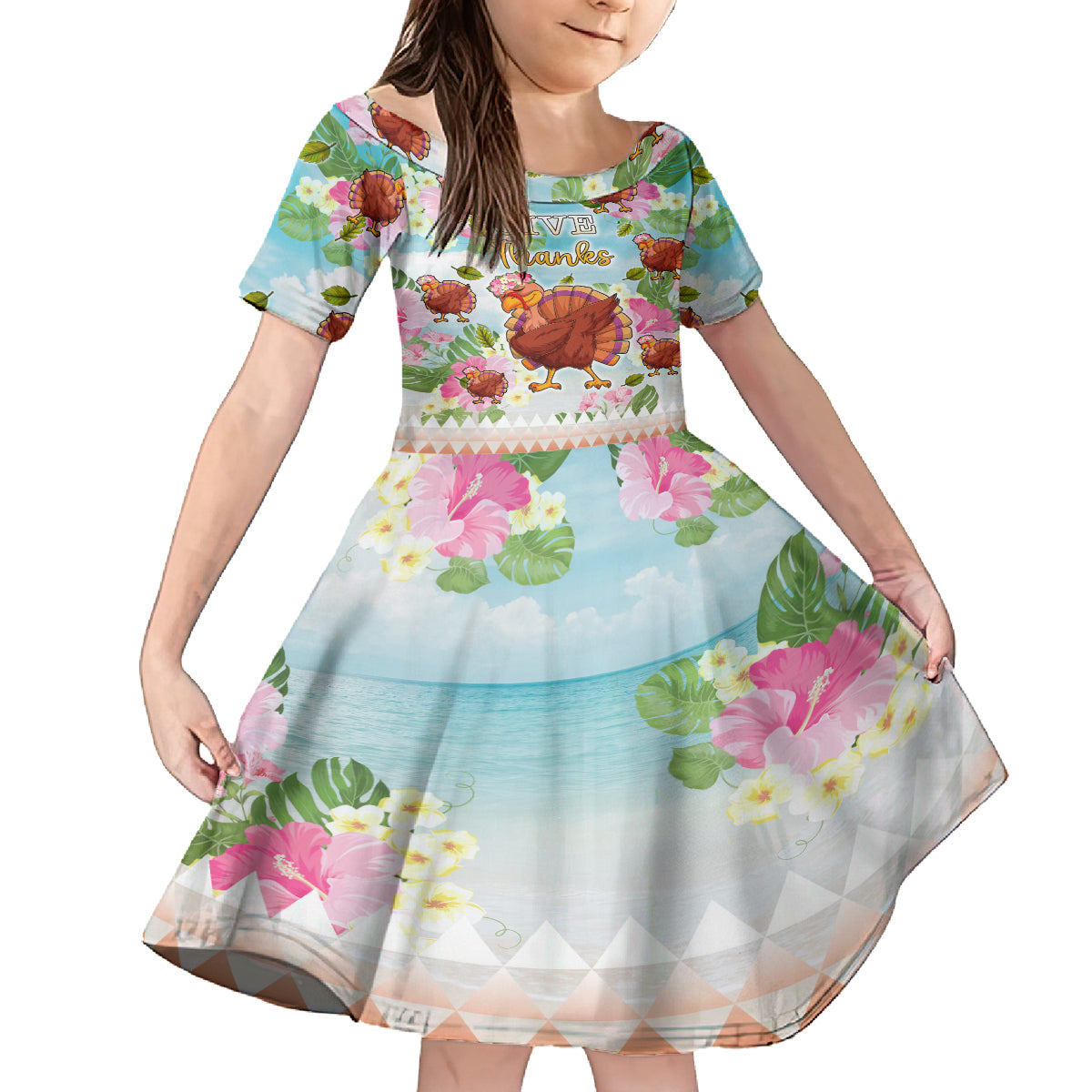 Hawaii Thanksgiving Kid Short Sleeve Dress Funny Turkey Dabbing Dance LT05 KID Blue - Polynesian Pride