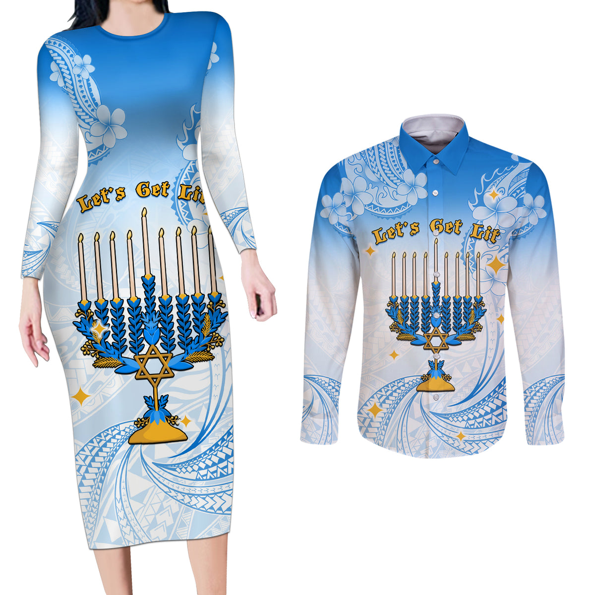 Polynesia Hanukkah Festival Couples Matching Long Sleeve Bodycon Dress and Long Sleeve Button Shirt With Menorah Polynesian Style LT05 Blue - Polynesian Pride