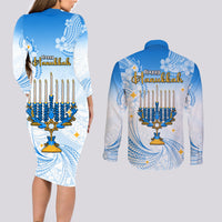 Polynesia Hanukkah Festival Couples Matching Long Sleeve Bodycon Dress and Long Sleeve Button Shirt With Menorah Polynesian Style LT05 - Polynesian Pride
