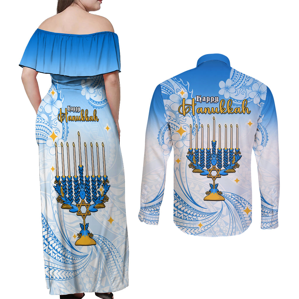 Polynesia Hanukkah Festival Couples Matching Off Shoulder Maxi Dress and Long Sleeve Button Shirt With Menorah Polynesian Style LT05 - Polynesian Pride