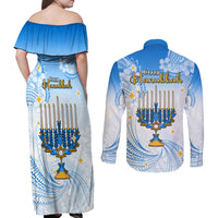 Polynesia Hanukkah Festival Couples Matching Off Shoulder Maxi Dress and Long Sleeve Button Shirt With Menorah Polynesian Style LT05 - Polynesian Pride