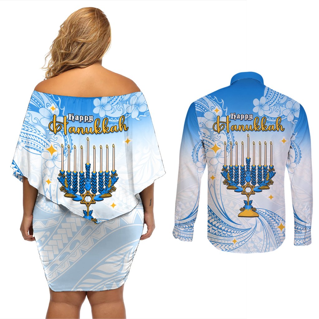 Polynesia Hanukkah Festival Couples Matching Off Shoulder Short Dress and Long Sleeve Button Shirt With Menorah Polynesian Style LT05 - Polynesian Pride