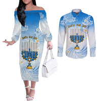 Polynesia Hanukkah Festival Couples Matching Off The Shoulder Long Sleeve Dress and Long Sleeve Button Shirt With Menorah Polynesian Style LT05 Blue - Polynesian Pride