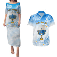 Polynesia Hanukkah Festival Couples Matching Puletasi Dress and Hawaiian Shirt With Menorah Polynesian Style LT05 Blue - Polynesian Pride