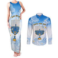 Polynesia Hanukkah Festival Couples Matching Tank Maxi Dress and Long Sleeve Button Shirt With Menorah Polynesian Style LT05 Blue - Polynesian Pride