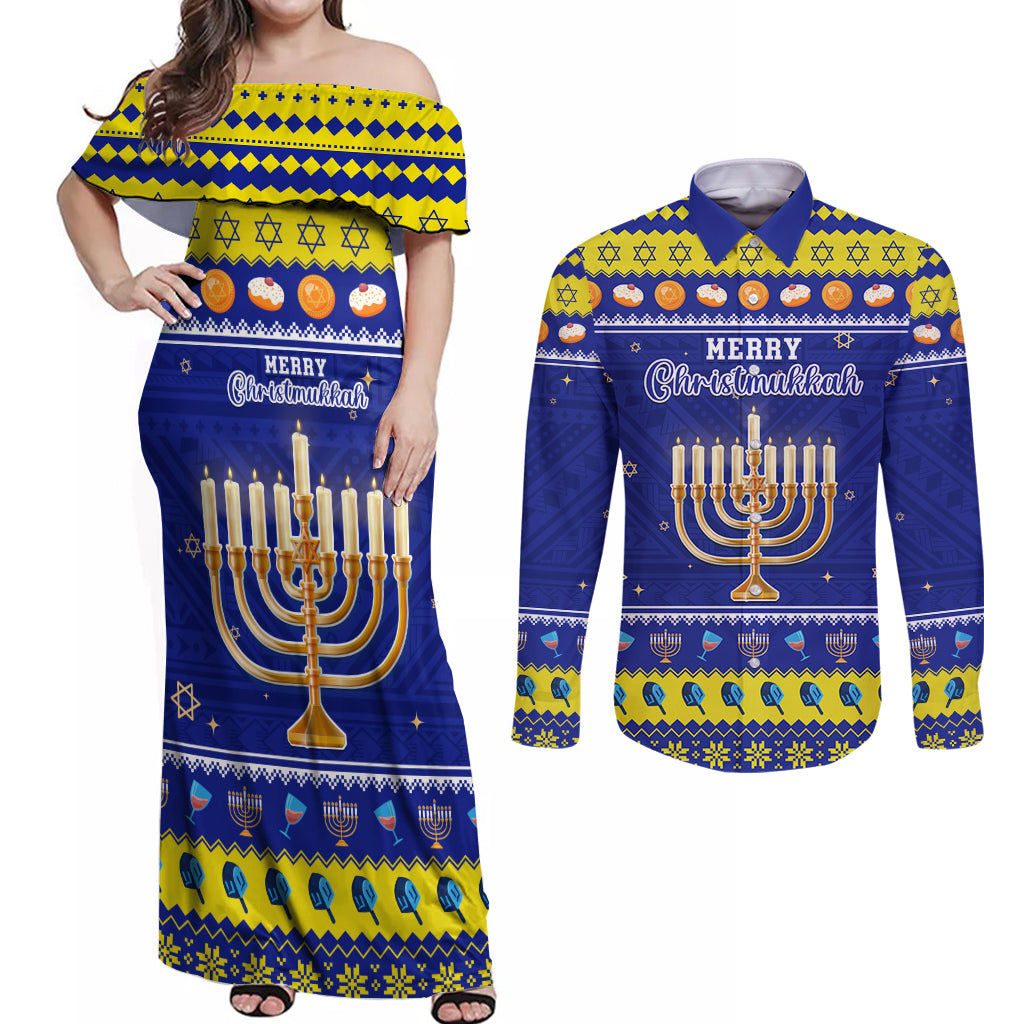 Personalised Polynesia Christmukkah Couples Matching Off Shoulder Maxi Dress and Long Sleeve Button Shirt Menorah With Polynesian Tribal Pattern LT05 Blue - Polynesian Pride