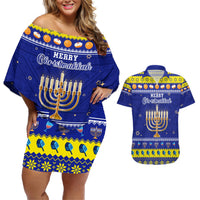Personalised Polynesia Christmukkah Couples Matching Off Shoulder Short Dress and Hawaiian Shirt Menorah With Polynesian Tribal Pattern LT05 Blue - Polynesian Pride