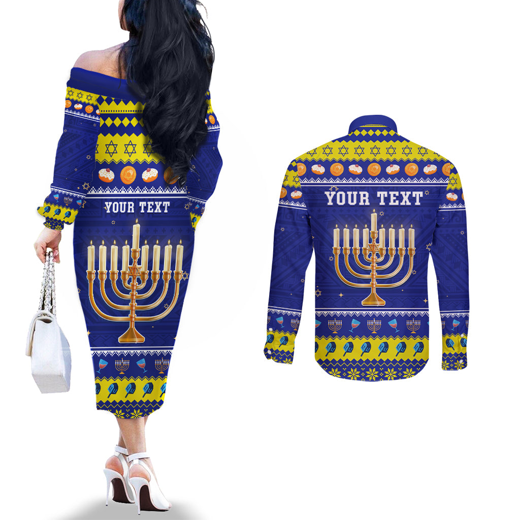 Personalised Polynesia Christmukkah Couples Matching Off The Shoulder Long Sleeve Dress and Long Sleeve Button Shirt Menorah With Polynesian Tribal Pattern LT05 - Polynesian Pride