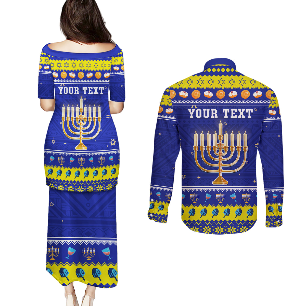 Personalised Polynesia Christmukkah Couples Matching Puletasi Dress and Long Sleeve Button Shirt Menorah With Polynesian Tribal Pattern LT05 - Polynesian Pride