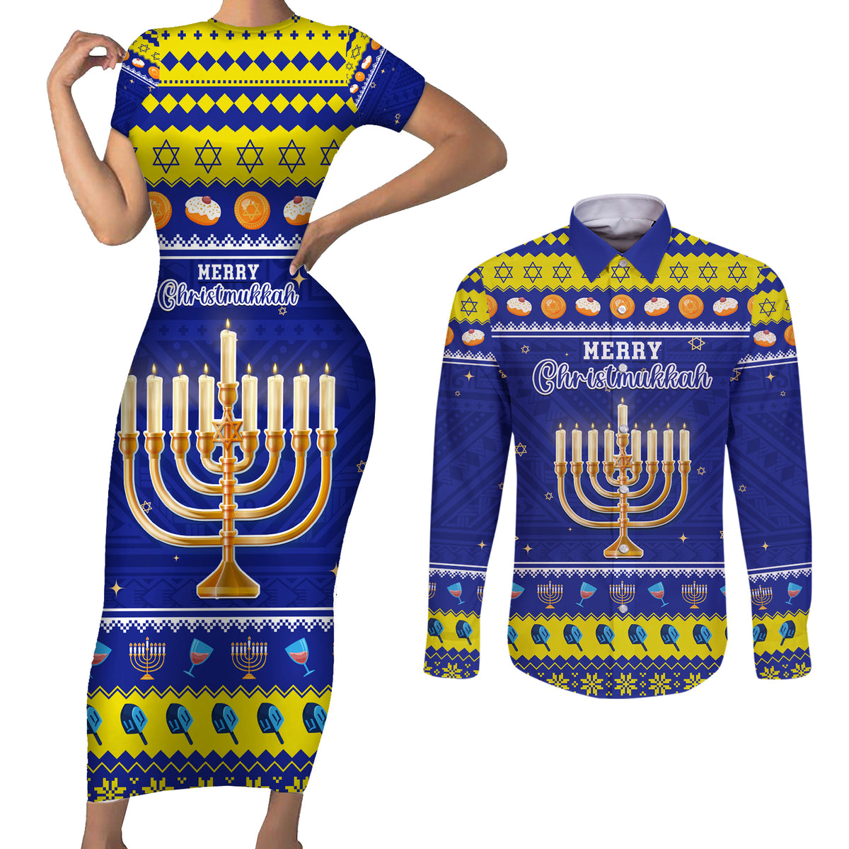 Personalised Polynesia Christmukkah Couples Matching Short Sleeve Bodycon Dress and Long Sleeve Button Shirt Menorah With Polynesian Tribal Pattern LT05 Blue - Polynesian Pride
