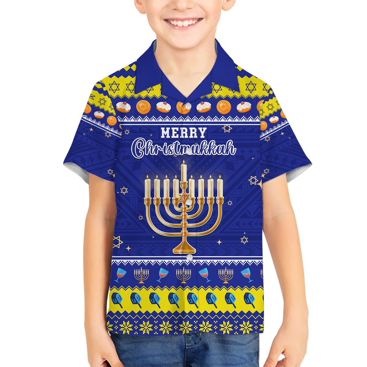 Personalised Polynesia Christmukkah Family Matching Off Shoulder Long Sleeve Dress and Hawaiian Shirt Menorah With Polynesian Tribal Pattern LT05 Son's Shirt Blue - Polynesian Pride
