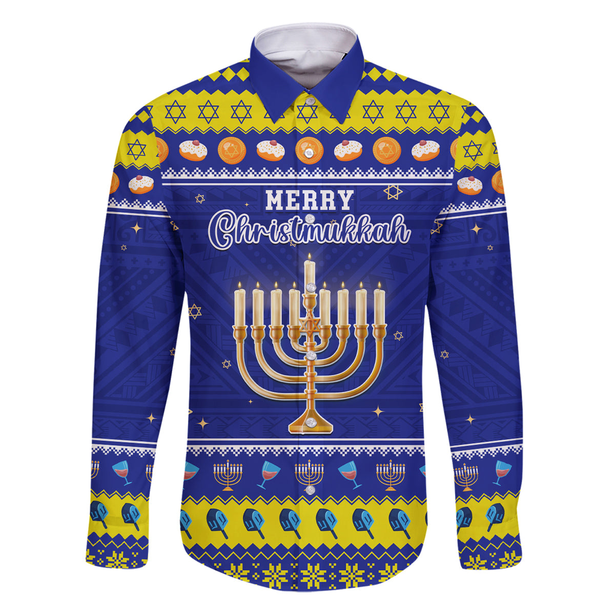 Personalised Polynesia Christmukkah Family Matching Puletasi Dress and Hawaiian Shirt Menorah With Polynesian Tribal Pattern LT05 Dad's Shirt - Long Sleeve Blue - Polynesian Pride