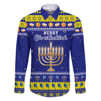 Personalised Polynesia Christmukkah Family Matching Puletasi Dress and Hawaiian Shirt Menorah With Polynesian Tribal Pattern LT05 Dad's Shirt - Long Sleeve Blue - Polynesian Pride