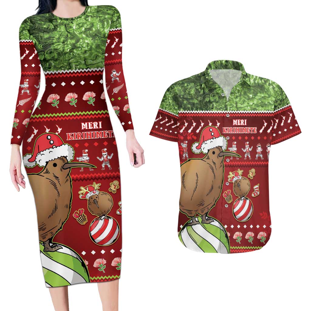 New Zealand Kiwi Christmas Couples Matching Long Sleeve Bodycon Dress and Hawaiian Shirt Paua Shell Glitter Green LT05 Red - Polynesian Pride