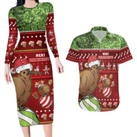 New Zealand Kiwi Christmas Couples Matching Long Sleeve Bodycon Dress and Hawaiian Shirt Paua Shell Glitter Green LT05 Red - Polynesian Pride