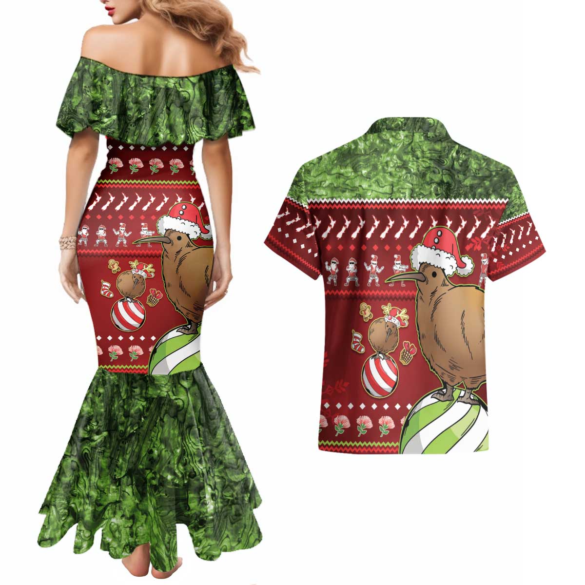 New Zealand Kiwi Christmas Couples Matching Mermaid Dress and Hawaiian Shirt Paua Shell Glitter Green LT05 - Polynesian Pride