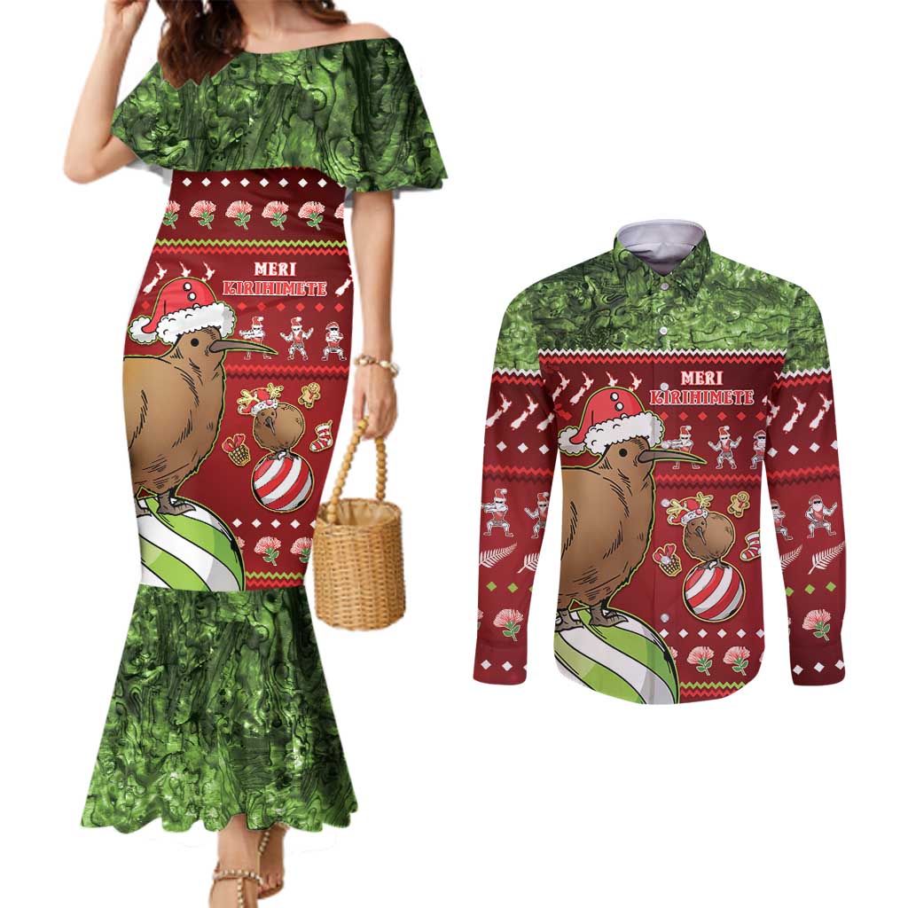 New Zealand Kiwi Christmas Couples Matching Mermaid Dress and Long Sleeve Button Shirt Paua Shell Glitter Green LT05 Red - Polynesian Pride