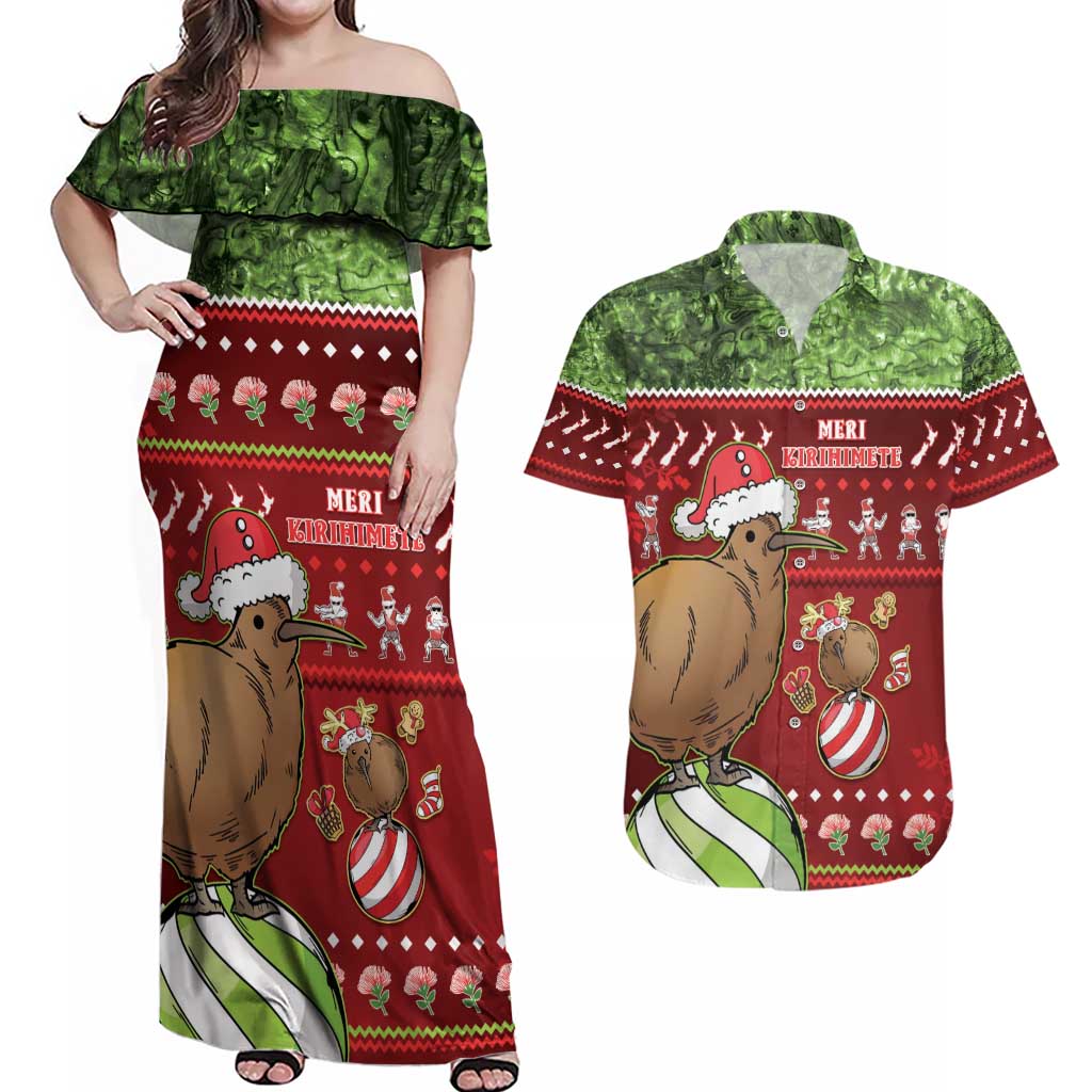 New Zealand Kiwi Christmas Couples Matching Off Shoulder Maxi Dress and Hawaiian Shirt Paua Shell Glitter Green LT05 Red - Polynesian Pride