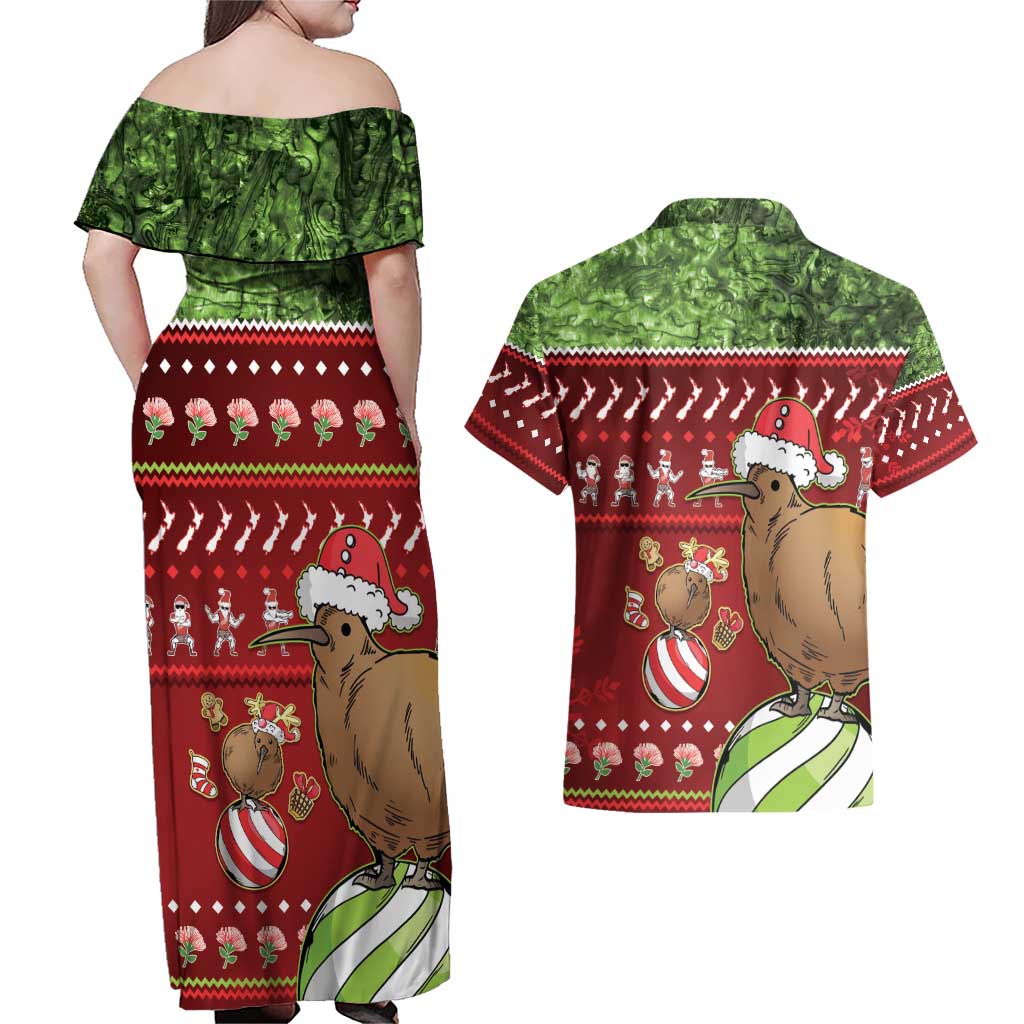 New Zealand Kiwi Christmas Couples Matching Off Shoulder Maxi Dress and Hawaiian Shirt Paua Shell Glitter Green LT05 - Polynesian Pride