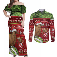 New Zealand Kiwi Christmas Couples Matching Off Shoulder Maxi Dress and Long Sleeve Button Shirt Paua Shell Glitter Green LT05 Red - Polynesian Pride