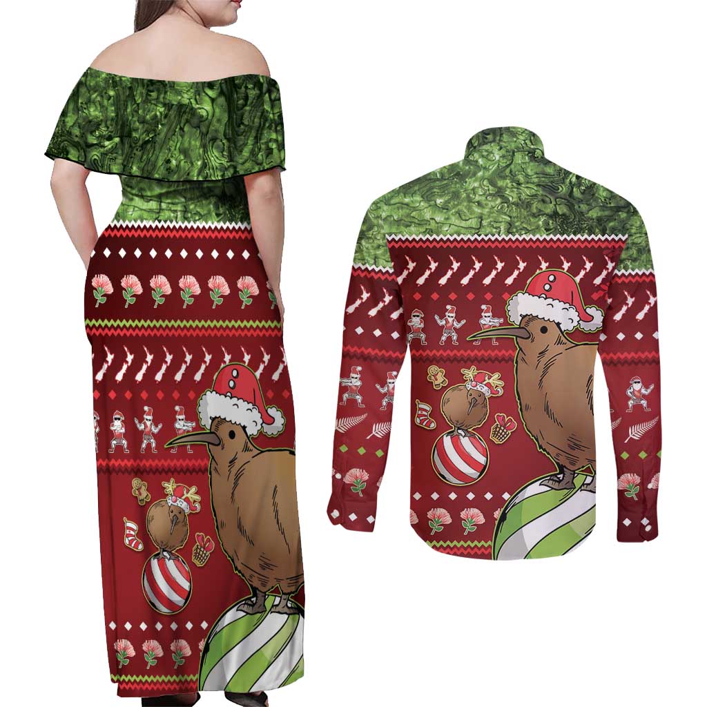 New Zealand Kiwi Christmas Couples Matching Off Shoulder Maxi Dress and Long Sleeve Button Shirt Paua Shell Glitter Green LT05 - Polynesian Pride