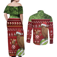 New Zealand Kiwi Christmas Couples Matching Off Shoulder Maxi Dress and Long Sleeve Button Shirt Paua Shell Glitter Green LT05 - Polynesian Pride