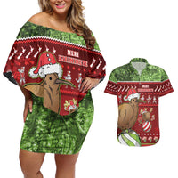 New Zealand Kiwi Christmas Couples Matching Off Shoulder Short Dress and Hawaiian Shirt Paua Shell Glitter Green LT05 Red - Polynesian Pride