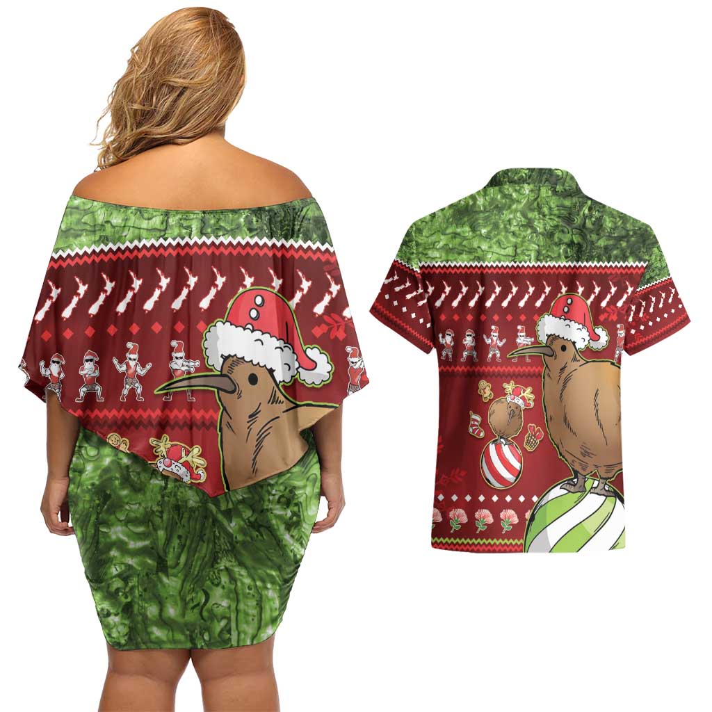 New Zealand Kiwi Christmas Couples Matching Off Shoulder Short Dress and Hawaiian Shirt Paua Shell Glitter Green LT05 - Polynesian Pride