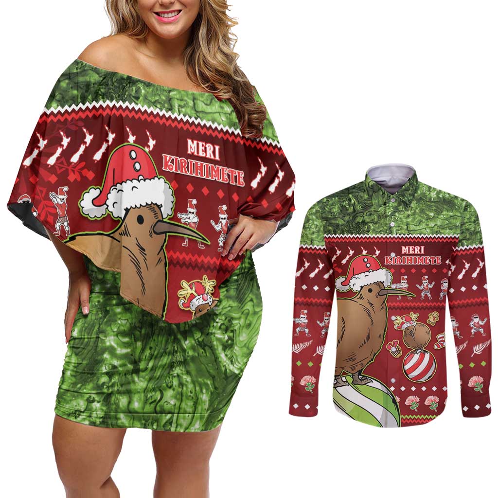 New Zealand Kiwi Christmas Couples Matching Off Shoulder Short Dress and Long Sleeve Button Shirt Paua Shell Glitter Green LT05 Red - Polynesian Pride