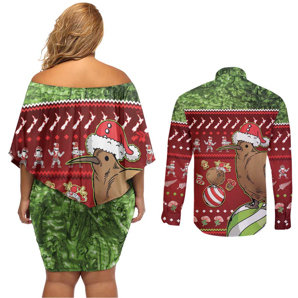 New Zealand Kiwi Christmas Couples Matching Off Shoulder Short Dress and Long Sleeve Button Shirt Paua Shell Glitter Green LT05 - Polynesian Pride