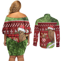 New Zealand Kiwi Christmas Couples Matching Off Shoulder Short Dress and Long Sleeve Button Shirt Paua Shell Glitter Green LT05 - Polynesian Pride