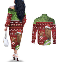 New Zealand Kiwi Christmas Couples Matching Off The Shoulder Long Sleeve Dress and Long Sleeve Button Shirt Paua Shell Glitter Green LT05 - Polynesian Pride