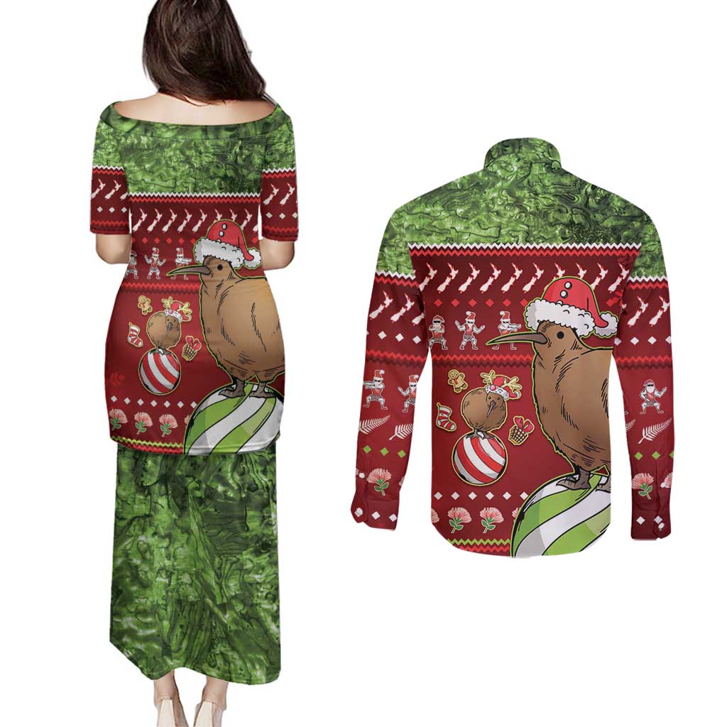 New Zealand Kiwi Christmas Couples Matching Puletasi and Long Sleeve Button Shirt Paua Shell Glitter Green LT05 - Polynesian Pride