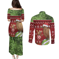 New Zealand Kiwi Christmas Couples Matching Puletasi and Long Sleeve Button Shirt Paua Shell Glitter Green LT05 - Polynesian Pride