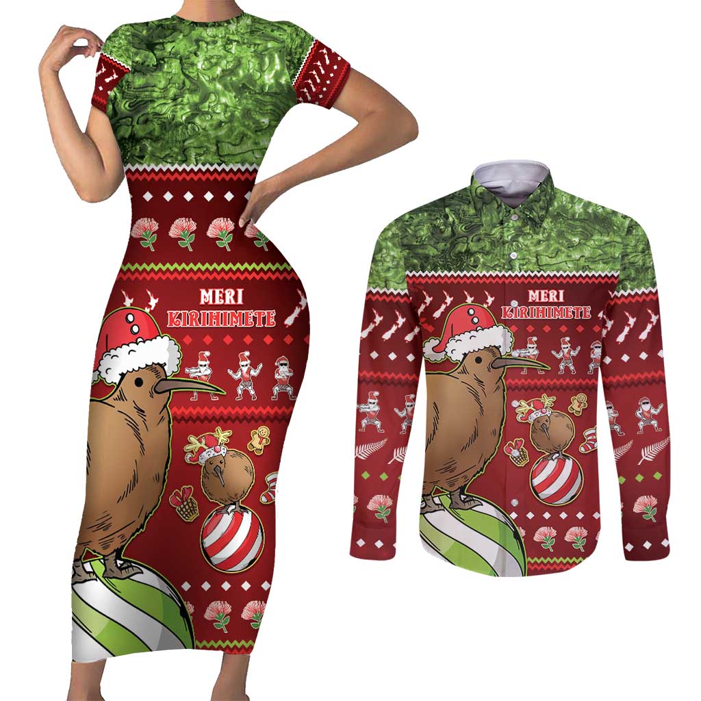 New Zealand Kiwi Christmas Couples Matching Short Sleeve Bodycon Dress and Long Sleeve Button Shirt Paua Shell Glitter Green LT05 Red - Polynesian Pride