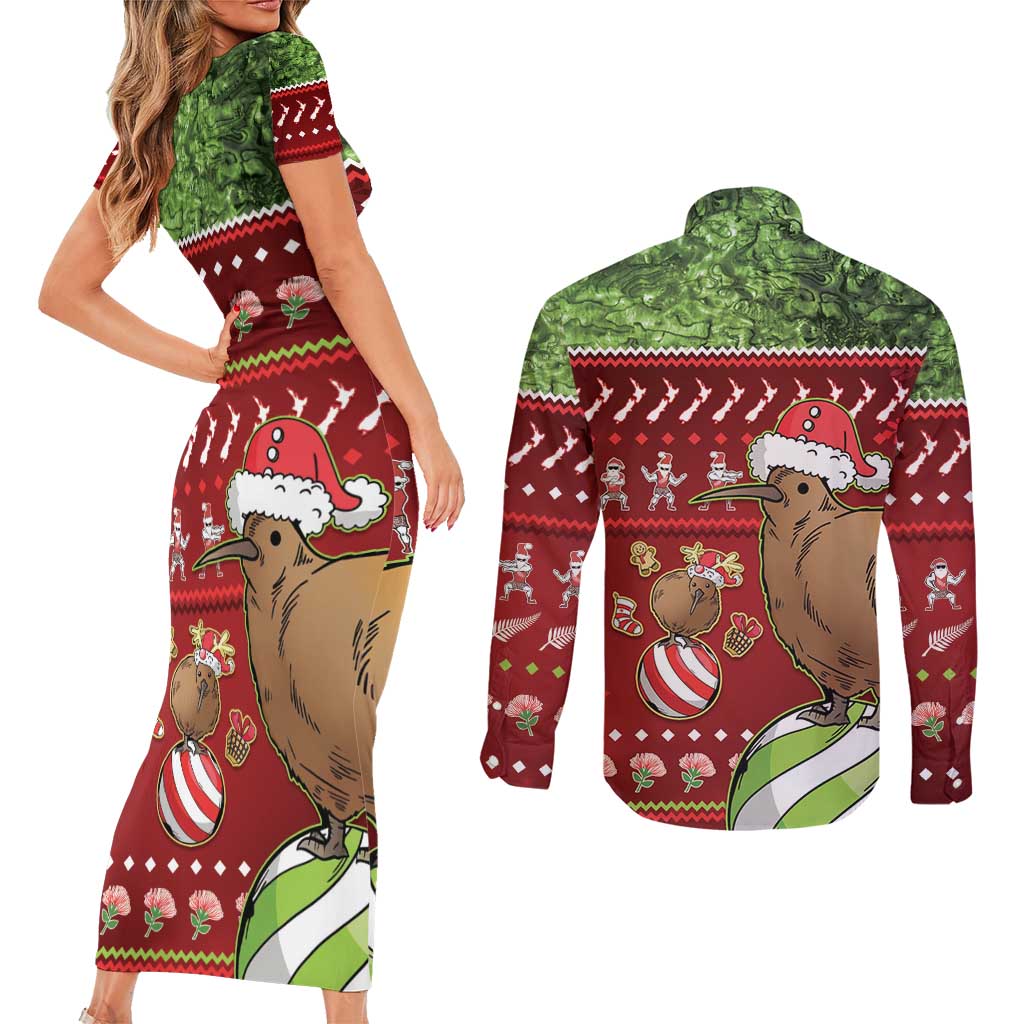 New Zealand Kiwi Christmas Couples Matching Short Sleeve Bodycon Dress and Long Sleeve Button Shirt Paua Shell Glitter Green LT05 - Polynesian Pride
