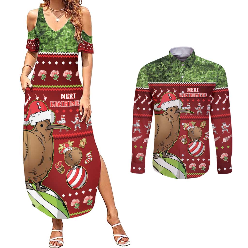 New Zealand Kiwi Christmas Couples Matching Summer Maxi Dress and Long Sleeve Button Shirt Paua Shell Glitter Green LT05 Red - Polynesian Pride