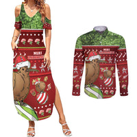 New Zealand Kiwi Christmas Couples Matching Summer Maxi Dress and Long Sleeve Button Shirt Paua Shell Glitter Green LT05 Red - Polynesian Pride