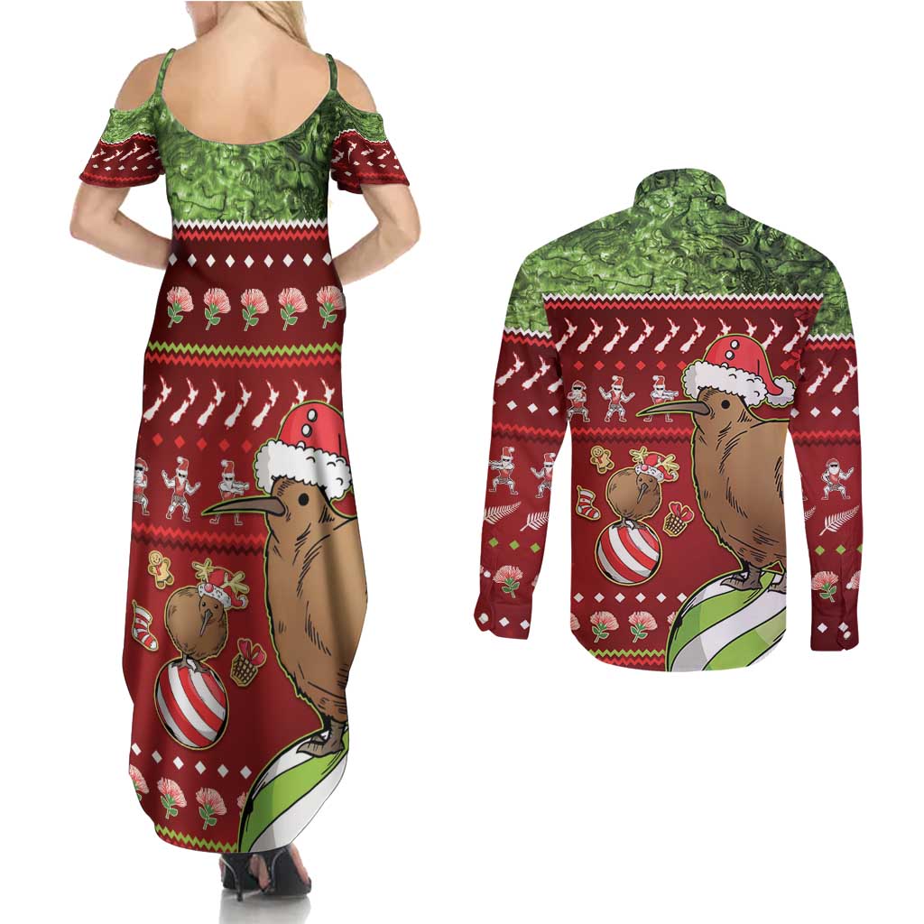 New Zealand Kiwi Christmas Couples Matching Summer Maxi Dress and Long Sleeve Button Shirt Paua Shell Glitter Green LT05 - Polynesian Pride