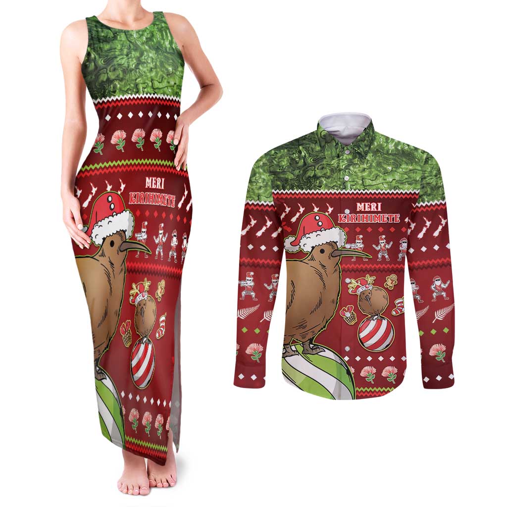 New Zealand Kiwi Christmas Couples Matching Tank Maxi Dress and Long Sleeve Button Shirt Paua Shell Glitter Green LT05 Red - Polynesian Pride