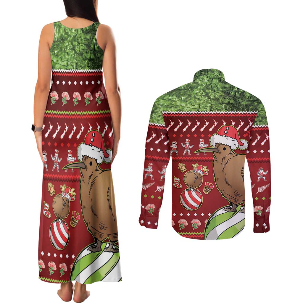 New Zealand Kiwi Christmas Couples Matching Tank Maxi Dress and Long Sleeve Button Shirt Paua Shell Glitter Green LT05 - Polynesian Pride