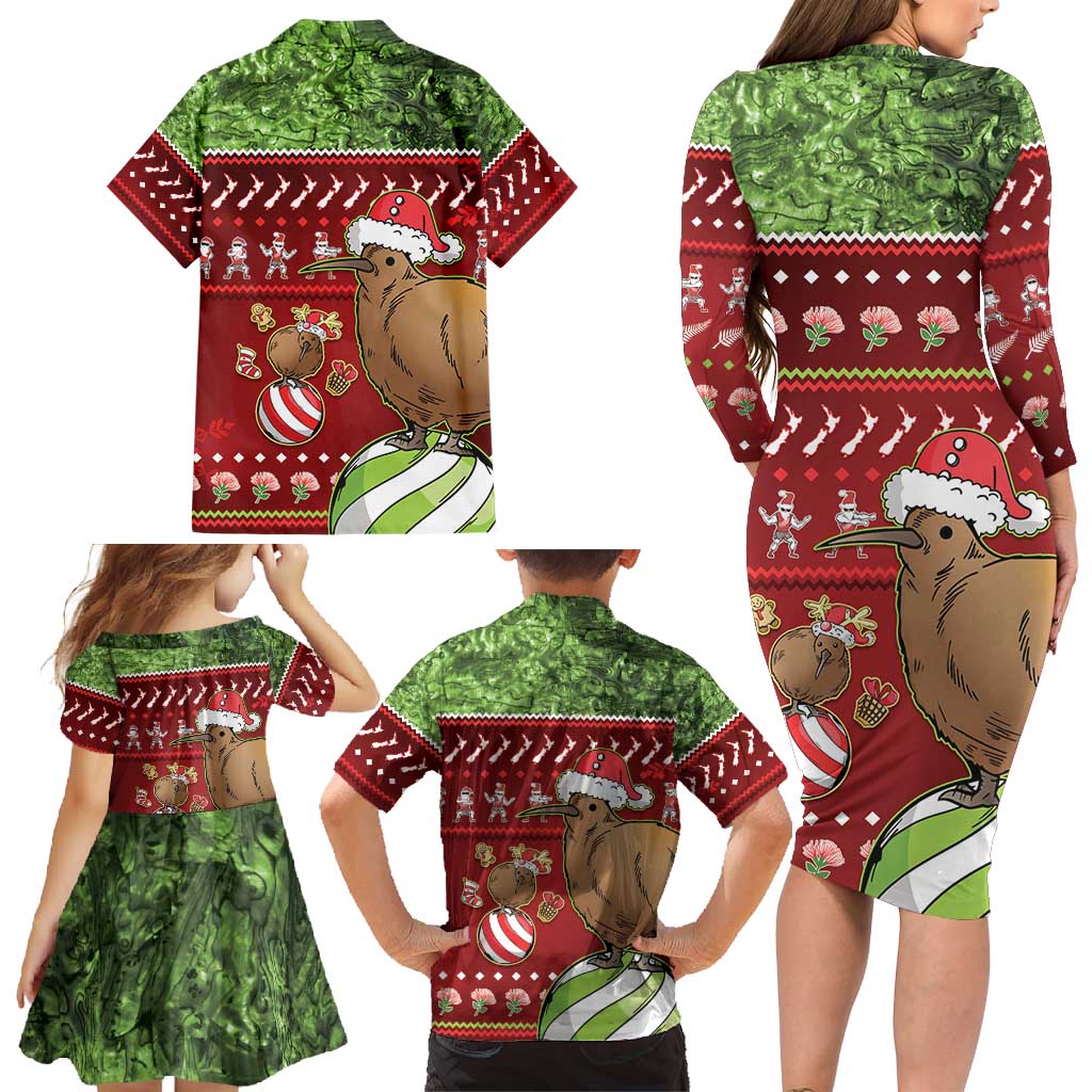 New Zealand Kiwi Christmas Family Matching Long Sleeve Bodycon Dress and Hawaiian Shirt Paua Shell Glitter Green LT05 - Polynesian Pride