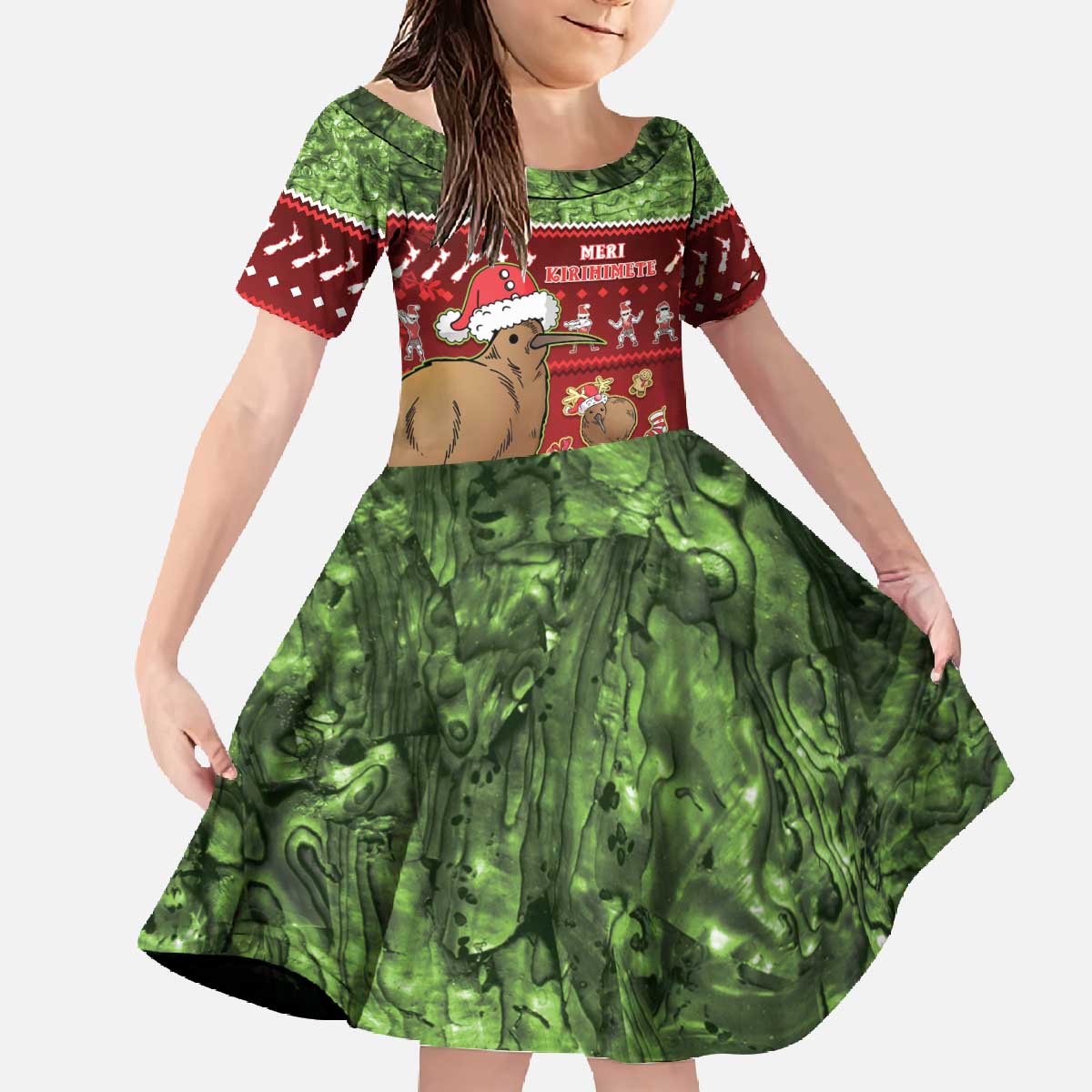 New Zealand Kiwi Christmas Family Matching Off The Shoulder Long Sleeve Dress and Hawaiian Shirt Paua Shell Glitter Green LT05 Daughter's Dress Red - Polynesian Pride