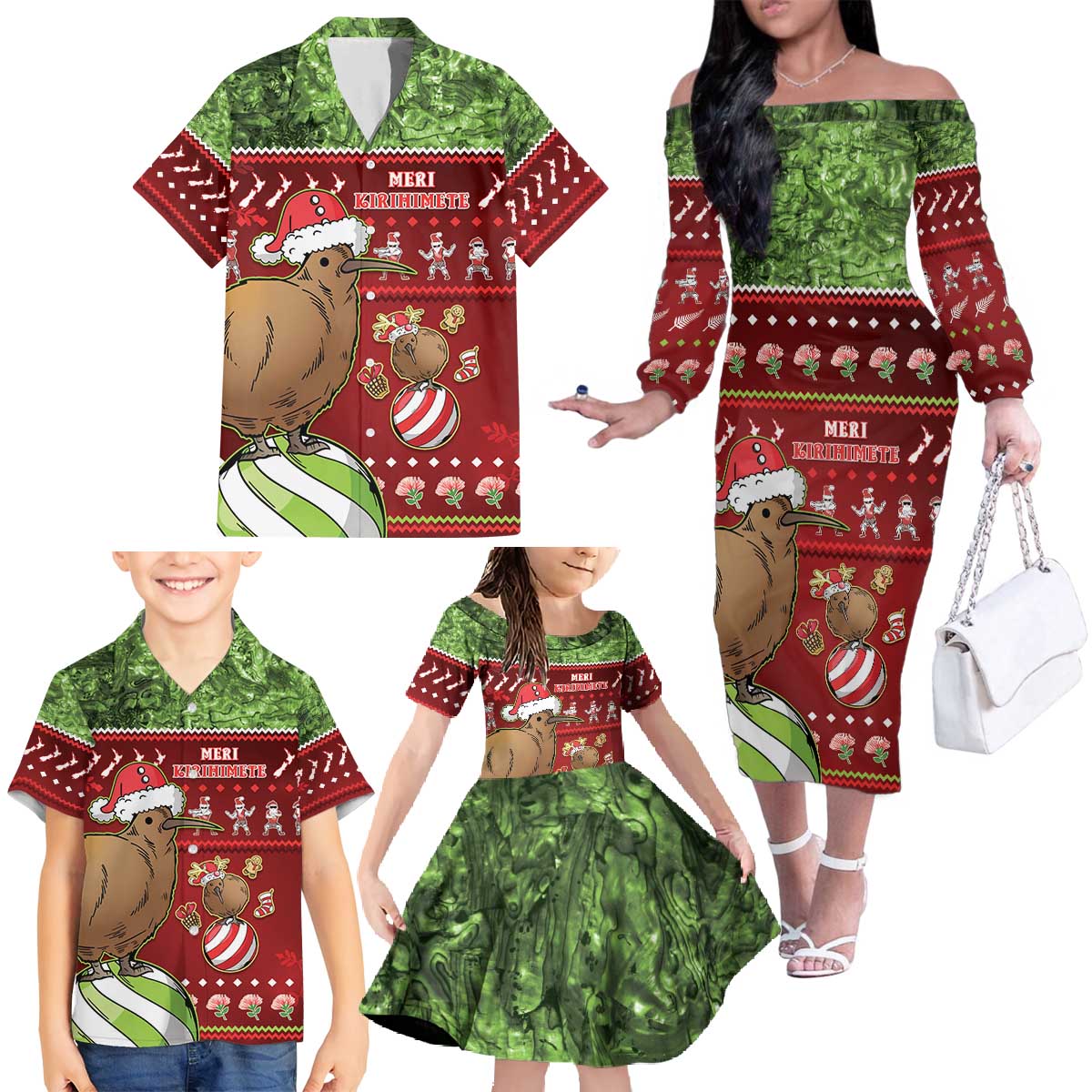 New Zealand Kiwi Christmas Family Matching Off The Shoulder Long Sleeve Dress and Hawaiian Shirt Paua Shell Glitter Green LT05 - Polynesian Pride