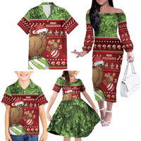 New Zealand Kiwi Christmas Family Matching Off The Shoulder Long Sleeve Dress and Hawaiian Shirt Paua Shell Glitter Green LT05 - Polynesian Pride